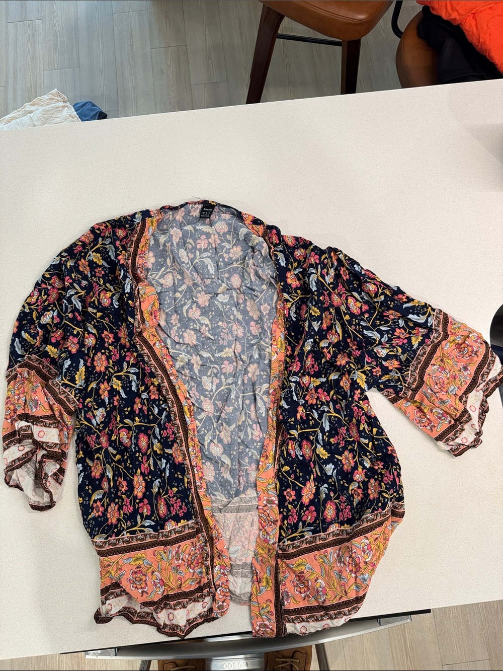 SHEIN Navy Floral Open-Front Kimono with Pink & Peach Trim